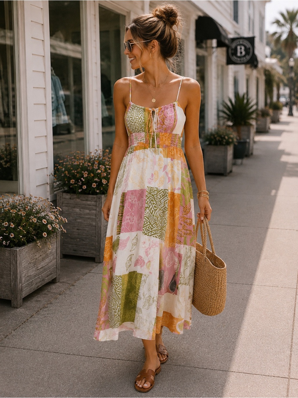 Illa Illa  - Sanibel Printed Midi Dress Ivory Patchwork szM spaghetti straps